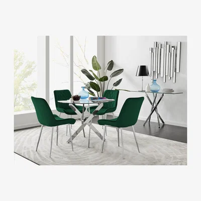 The Range Novara 100cm Round Dining Table and 4 Pesaro Silver Leg Chairs - Green