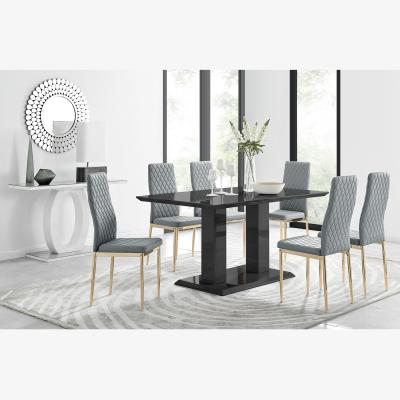 The Range Imperia 6 Black Dining Table and 6 Milan Gold Leg Chairs - Grey