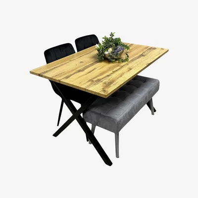 The Range Modern Dining Table Velvet Chairs and Padded Bench Set - Natural / 87cm