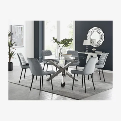 The Range Vogue Round Dining Table  6 Pesaro Black Leg Chairs - Grey