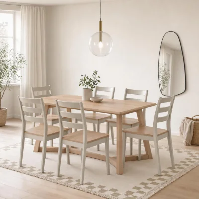 The Range Lulworth Whitewashed Wood Dining Table 6 Lynton Chairs - Light Grey