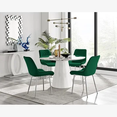 The Range Palma White Marble Effect Round Dining Table  Pesaro Silver Chairs - Green / Dining Table & 4 Chairs