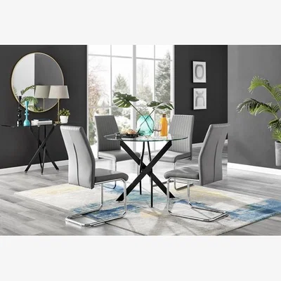 The Range Novara Round Glass Dining Table With Four Lorenzo Chairs - Grey