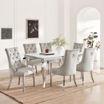 The Range Skye Rectangle White Marble Effect Dining Table  6 Grey Velvet Belgravia Chairs - White