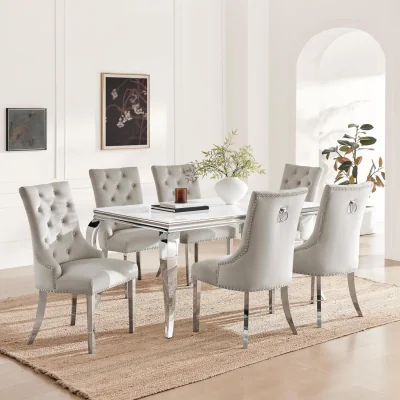 The Range Skye Rectangle White Marble Effect Dining Table  6 Grey Velvet Belgravia Chairs - White