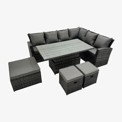 The Range Fimous 9-Seater Rattan Dining Set with Rising Table - Dark Grey Mixed