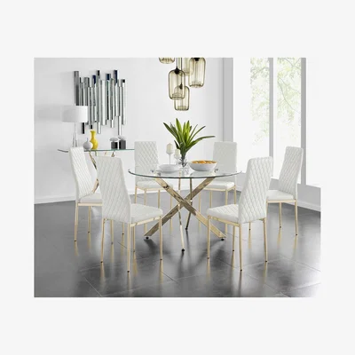 The Range Novara 120cm Gold Round Dining Table and 6 Gold Leg Milan Chairs - White