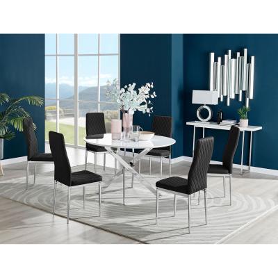 The Range Novara White High Gloss 120cm Round Dining Table and 6 Velvet Milan Chairs - Black