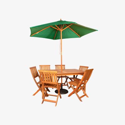 The Range 6 Person Rectangle Wooden Patio Dining Table Set - Brown / Green Parasol and Parasol Base