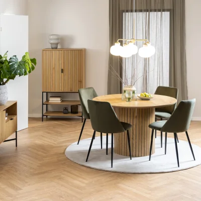 The Range Yale Dining Table in Oak 120cm includes 4 Ines Dining Chairs in Olive Green - Oak & Olive Green