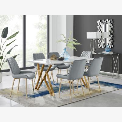 The Range Taranto White High Gloss Dining Table and 6 Pesaro Gold Leg Chairs - Grey