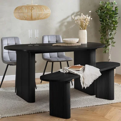 The Range Axel Oval Fluted Dining Table With 2 Chairs And Bench - Black