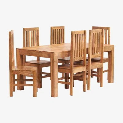 The Range Toko Light Mango 6 FT Dining Set with 6 Wooden Chairs - Light Wood Tone
