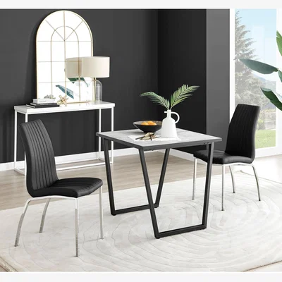 The Range Carson White Marble Effect Square Dining Table and 2 Isco Chairs - Black