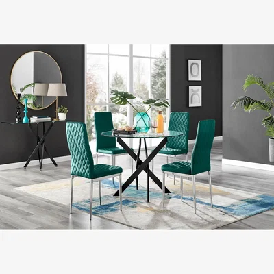The Range Novara Black Leg Round Glass Dining Table and 4 Velvet Milan Chairs - Green