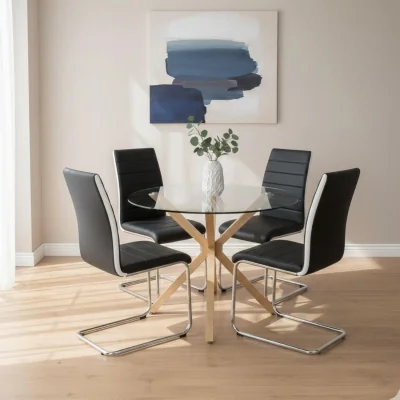 The Range Round Glass Dining Table Set With 4 black faux leather Chairs Dining Room Furniture - Neutral