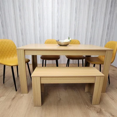 The Range Dining Table With Stiched Gem Effect Chairs and Bench Set - Mustard