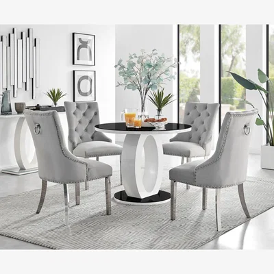 The Range Giovani Round Black 100Cm Table And 4 Velvet Belgravia Chairs - Grey