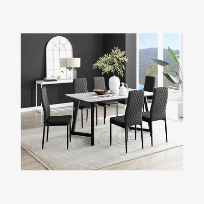 The Range Carson White Marble Effect Dining Table and 6 Milan Black Leg Chairs - Black