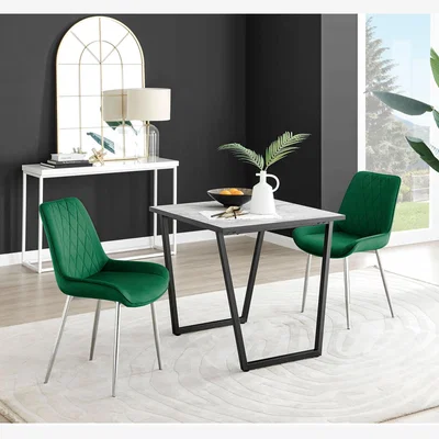 The Range Carson White Marble Effect Square Dining Table and 2 Pesaro Silver Chairs - Green