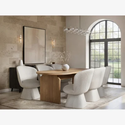 The Range Varm Wooden Ribbed Dining Table with 6 Aiko Chairs Set - Brown + Cream