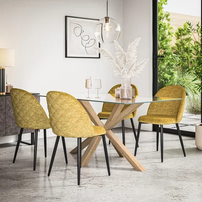 The Range Etta Glass Top Rectangle Dining Table and 4 Raye Velvet Chairs - Grey - Mustard