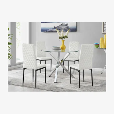The Range Selina Square Leg Round Kitchen Dining Table And 4 Milan Black Leg Chairs - White