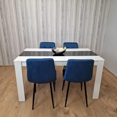 The Range Dining Table Wooden White Black Table Tufted Blue Velvet Chairs - White Black