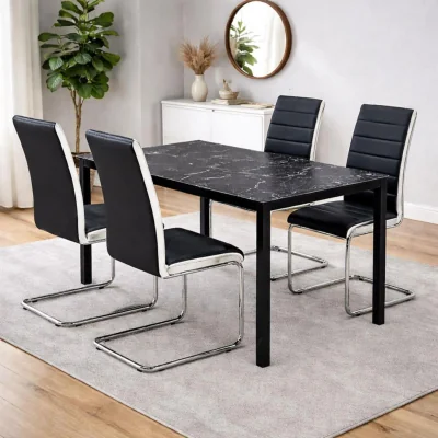 The Range Black Marble Effect Dining Table with 4 Black Faux Leather Chairs Kitchen Furniture - Black