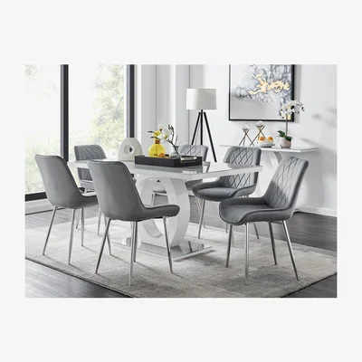 The Range Giovani 6 Grey Dining Table  6 Pesaro Silver Leg Chairs - Grey