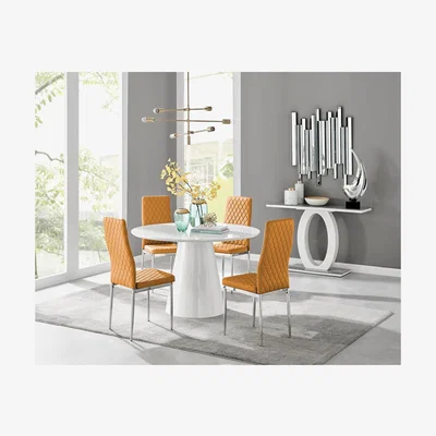 The Range Palma White High Gloss Round Dining Table and 4 Milan Chrome Leg Chairs - Mustard