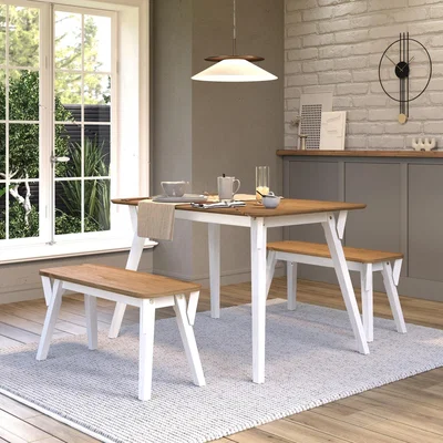 The Range Corona Solid Pine 140cm Rectangular Kitchen Table and 2 Bench Set    - White Washed Wax