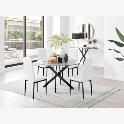 The Range Novara Grey Concrete Black Leg 120cm Dining Table  4 Milan Black Leg Chairs - White