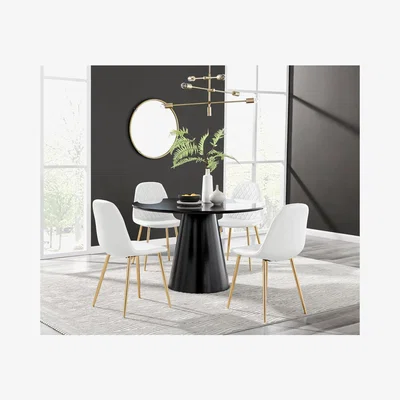 The Range Palma Black Semi Gloss Round Dining Table and 4 Corona Gold Leg Chairs - White