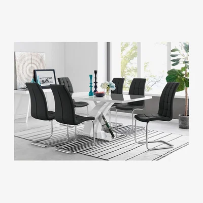 The Range Atlanta Rectangle Chrome Metal High Gloss White Dining Table And 6 Murano Chairs - Black