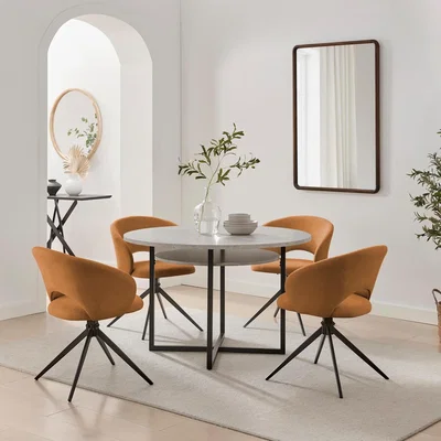 The Range Adley Round Grey Concrete Effect Dining Table 4 Anika Swivel Chairs - Terracotta