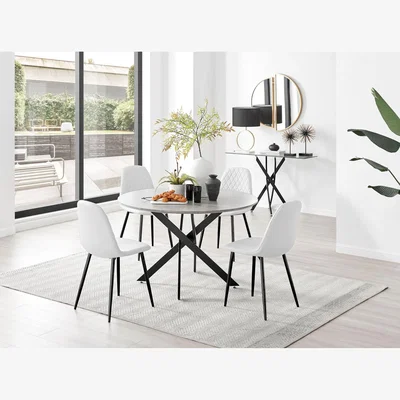 The Range Novara Grey Concrete Black Leg 120cm Dining Table  4 Corona Black Leg Chairs - White