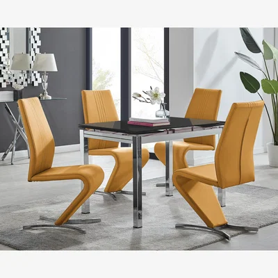 The Range Enna Black Glass Extending Dining Table and 4 Willow Chairs - Mustard