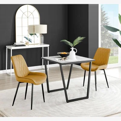The Range Carson White Marble Effect Square Dining Table and 2 Pesaro Black Leg Chairs - Mustard