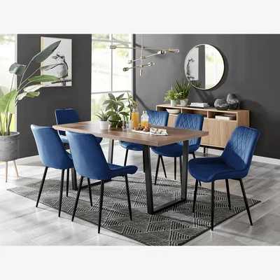 The Range Kylo Brown Wood Effect Dining Table  6 Pesaro Black Leg Chairs - Blue