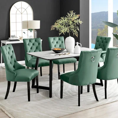The Range Carson White Marble Effect Dining Table and 6 Belgravia Black Leg Chairs - Green