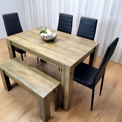 The Range Wooden Dining Table Set for 6 - Rustic Effect Table With 4 Black Chairs and 1 Bench - Brown