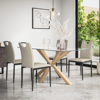 The Range Etta Glass Dining Table Set With Solid Oak Legs - Beige / 4
