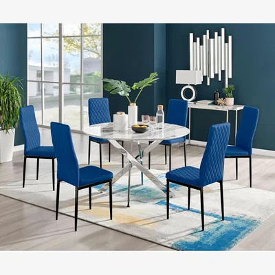 The Range Novara White Marble Effect Round Dining Table 6 Velvet Milan Black Leg Chairs - Navy