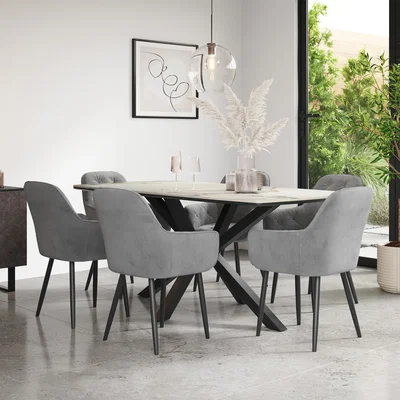 The Range Juno Calcutta Gold Ceramic Dining Table With 6 Anika Velvet Black Chairs - Grey