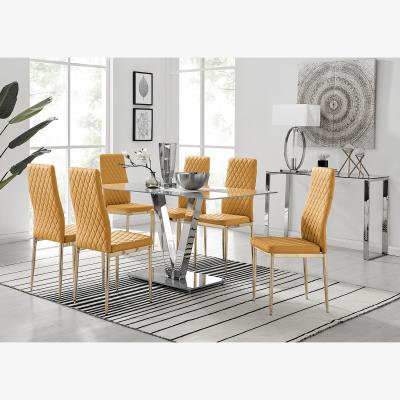 The Range Florini V Grey Dining Table and 6 Gold Leg Milan Chairs - Mustard