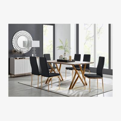 The Range Taranto Oak Effect Kitchen Dining Table and 6 Gold Leg Milan Chairs - Black
