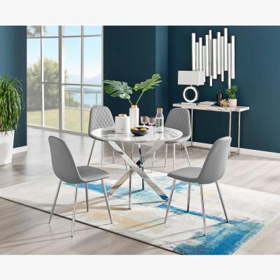 The Range Novara White Marble Effect Dining Table  4 Corona Silver Chairs - Grey