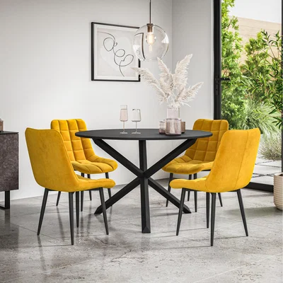 The Range Malvern Round Black Dining Table Set w Black Oak Legs w 4-6 Nova Velvet Chair - Mustard / 4