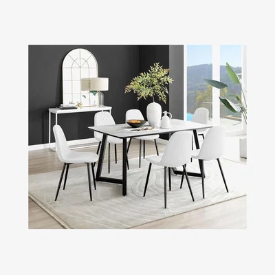 The Range Carson White Marble Effect Dining Table and 6 Corona Black Leg Chairs - White